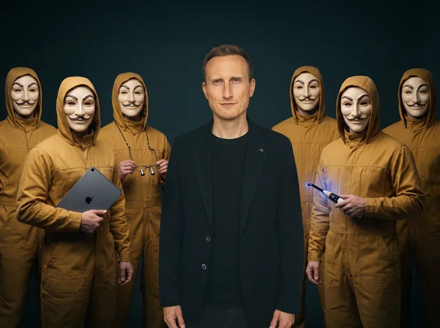 Eric Zentgraf im dunklen Sakko vor einer Reihe maskierter Figuren in gleichen Arbeitsanzügen.